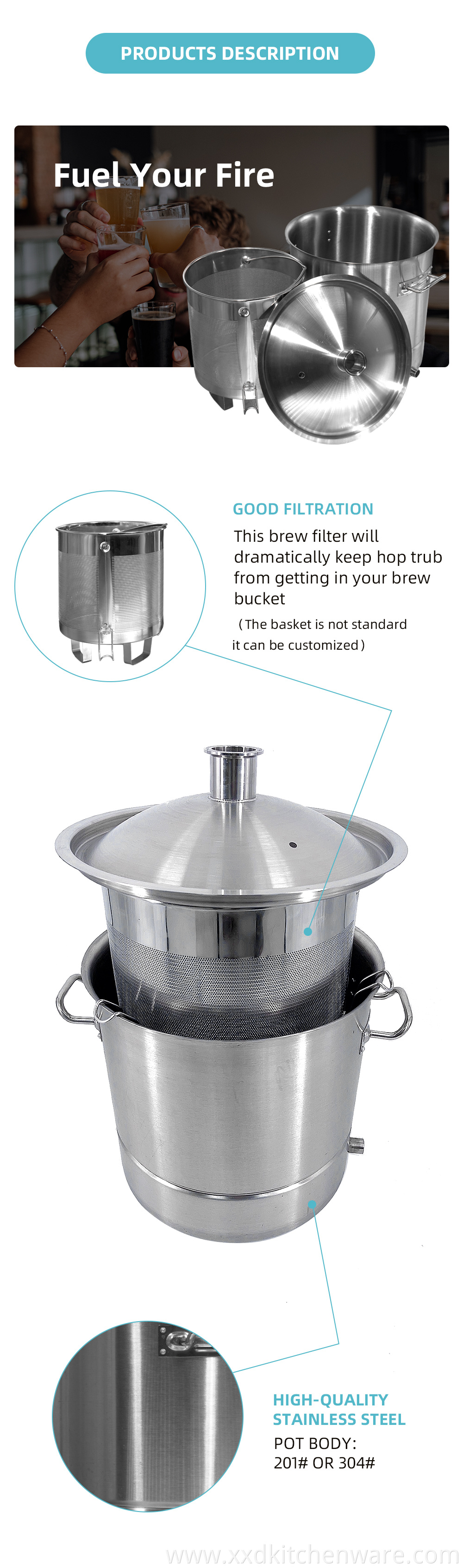 304 Stainless steel beer barrel with lid